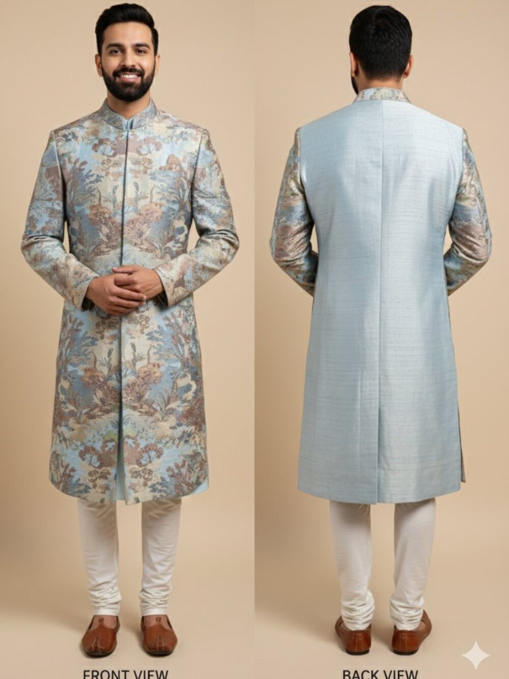 Ice Blue Floral Brocade Sherwani
